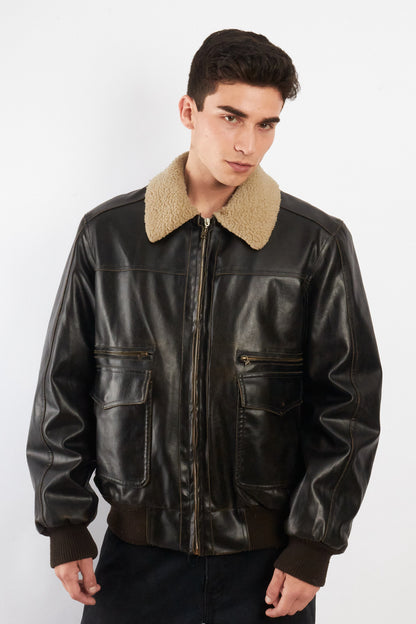 2000 Vintage Levi's Distressed Vegan Leather A-2 Sherpa Aviator (M/L)