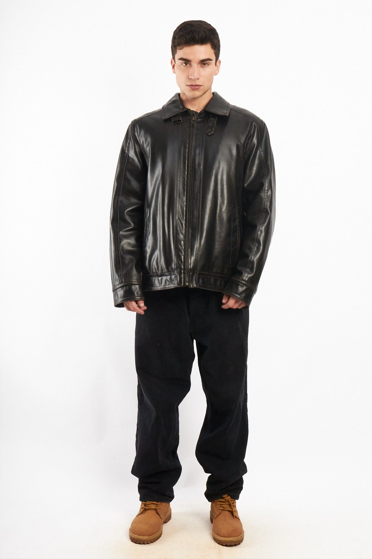 2000 Vintage Tommy Hilfiger Black Vegan Leather Distressed Harrington (L/XL)
