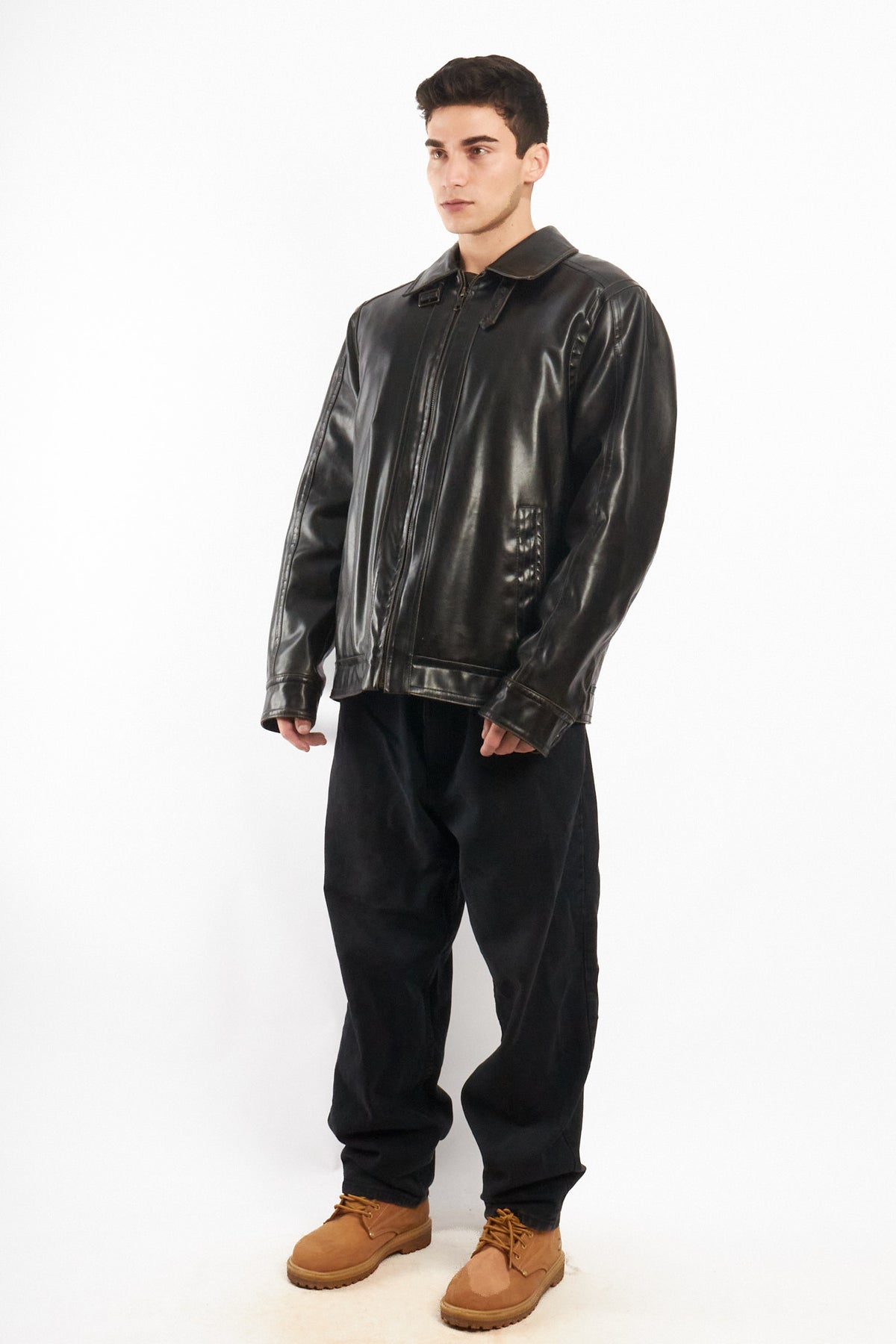 2000 Vintage Tommy Hilfiger Black Vegan Leather Distressed Harrington (L/XL)