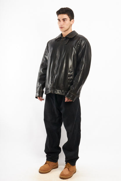 2000 Vintage Tommy Hilfiger Black Vegan Leather Distressed Harrington (L/XL)