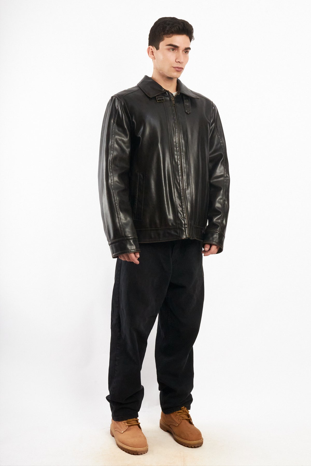 2000 Vintage Tommy Hilfiger Black Vegan Leather Distressed Harrington (L/XL)