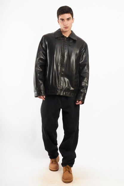 2000 Vintage Tommy Hilfiger Black Vegan Leather Distressed Harrington (L/XL)
