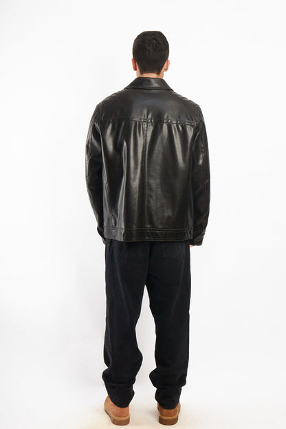 2000 Vintage Tommy Hilfiger Black Vegan Leather Distressed Harrington (L/XL)