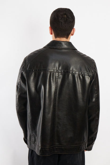 2000 Vintage Tommy Hilfiger Black Vegan Leather Distressed Harrington (L/XL)
