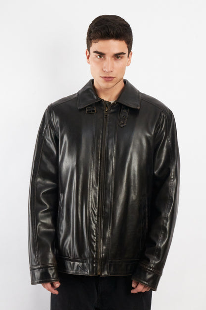 2000 Vintage Tommy Hilfiger Black Vegan Leather Distressed Harrington (L/XL)