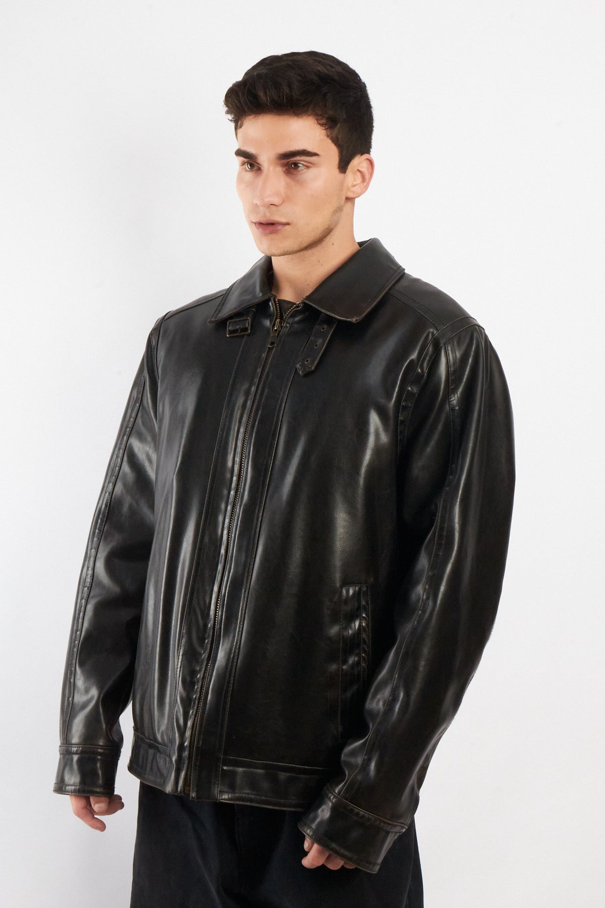 2000 Vintage Tommy Hilfiger Black Vegan Leather Distressed Harrington (L/XL)
