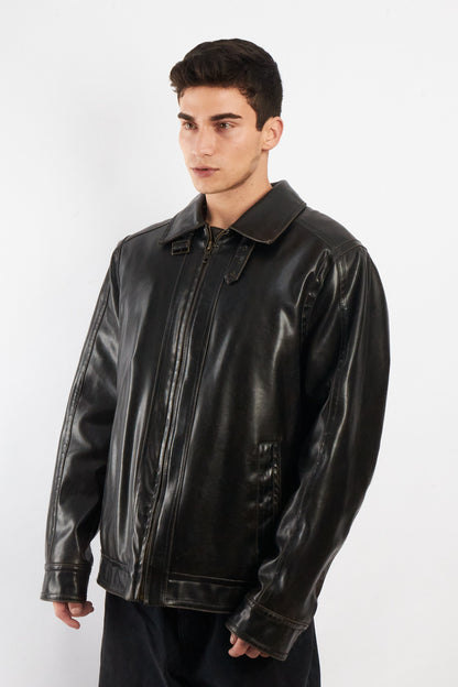 2000 Vintage Tommy Hilfiger Black Vegan Leather Distressed Harrington (L/XL)