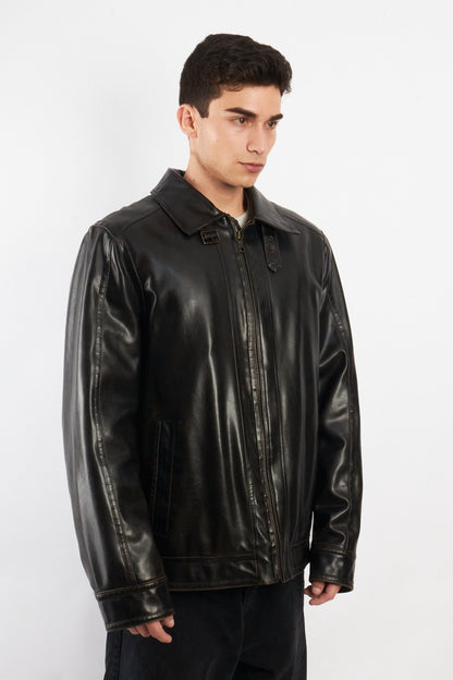 2000 Vintage Tommy Hilfiger Black Vegan Leather Distressed Harrington (L/XL)