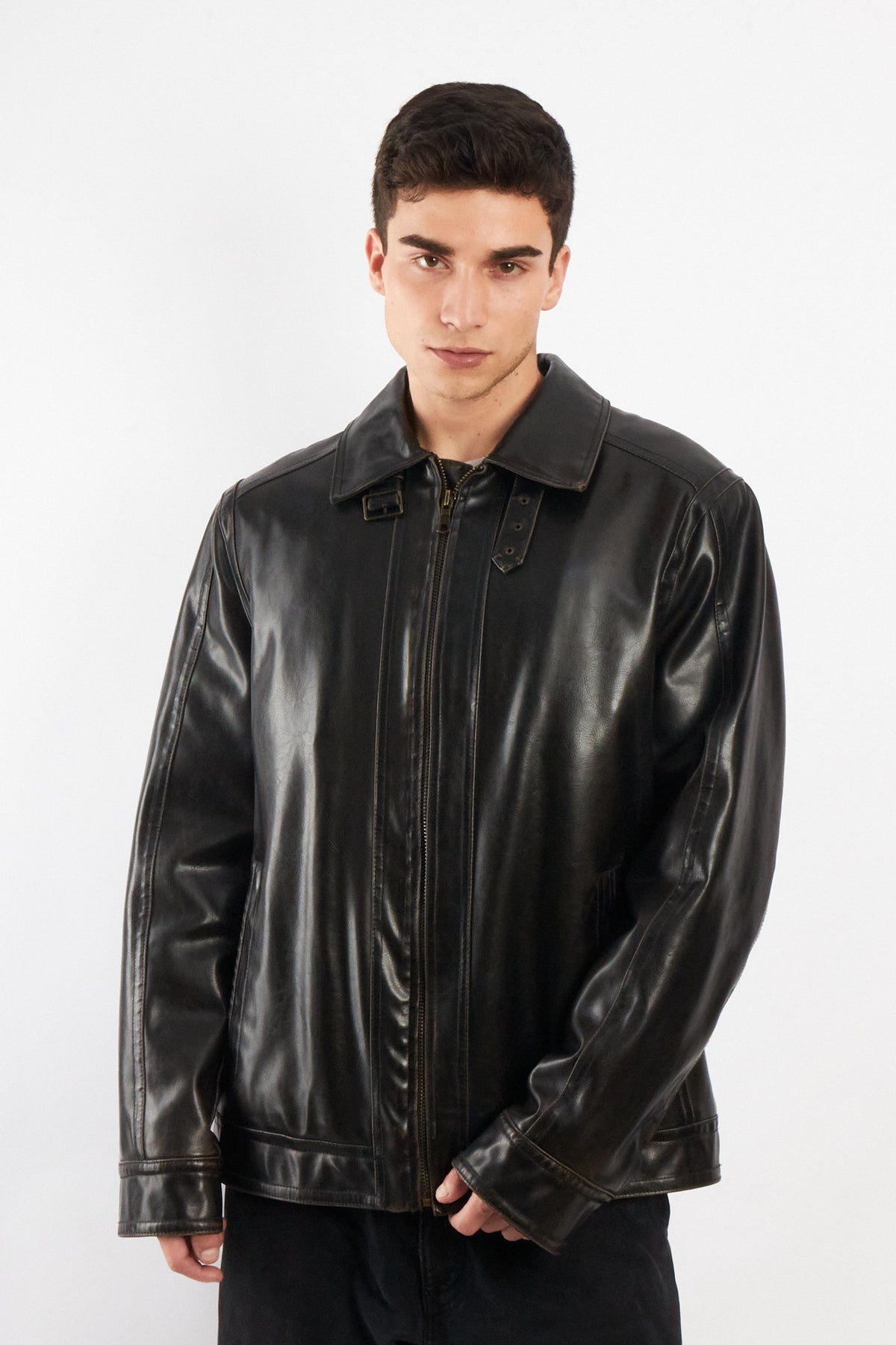 2000 Vintage Tommy Hilfiger Black Vegan Leather Distressed Harrington (L/XL)