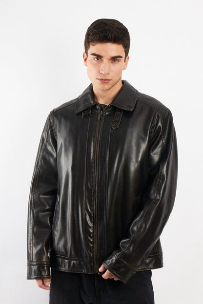 2000 Vintage Tommy Hilfiger Black Vegan Leather Distressed Harrington (L/XL)