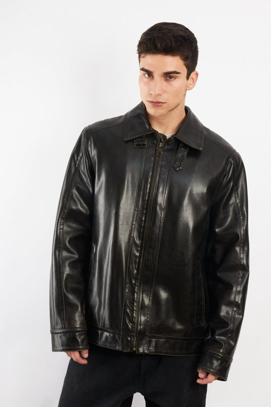 2000 Vintage Tommy Hilfiger Black Vegan Leather Distressed Harrington (L/XL)