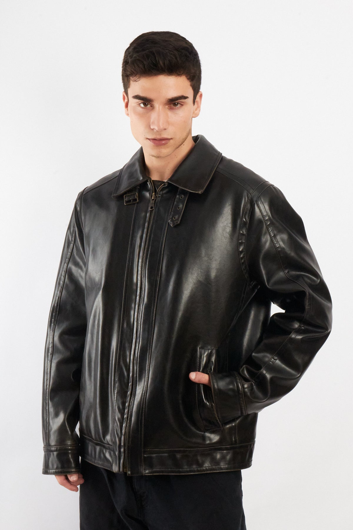 2000 Vintage Tommy Hilfiger Black Vegan Leather Distressed Harrington (L/XL)