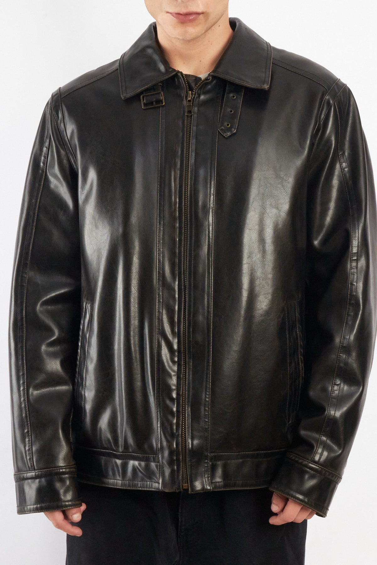 2000 Vintage Tommy Hilfiger Black Vegan Leather Distressed Harrington (L/XL)