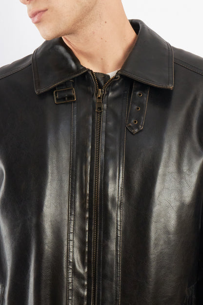 2000 Vintage Tommy Hilfiger Black Vegan Leather Distressed Harrington (L/XL)