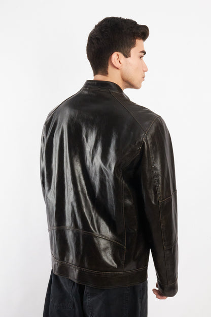 2000 Vintage Guess Brown Distressed Vegan Leather Racer Jacket (M/L)
