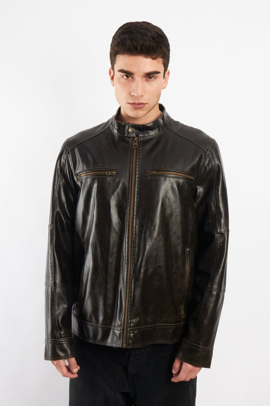 2000 Vintage Guess Brown Distressed Vegan Leather Racer Jacket (M/L)