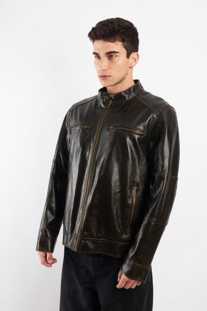2000 Vintage Guess Brown Distressed Vegan Leather Racer Jacket (M/L)