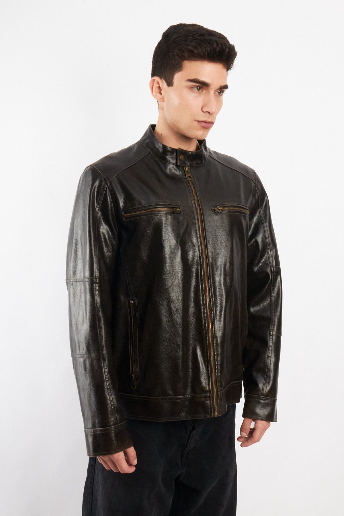 2000 Vintage Guess Brown Distressed Vegan Leather Racer Jacket (M/L)