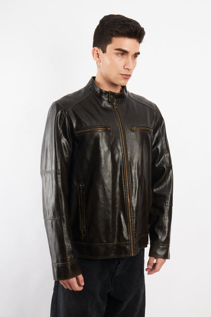 2000 Vintage Guess Brown Distressed Vegan Leather Racer Jacket (M/L)