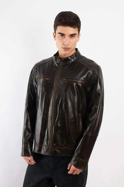 2000 Vintage Guess Brown Distressed Vegan Leather Racer Jacket (M/L)
