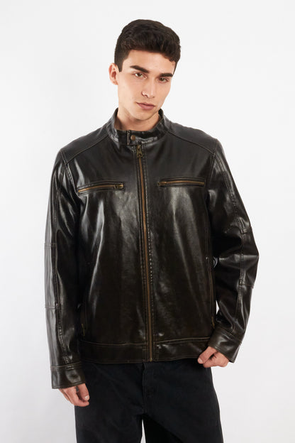 2000 Vintage Guess Brown Distressed Vegan Leather Racer Jacket (M/L)