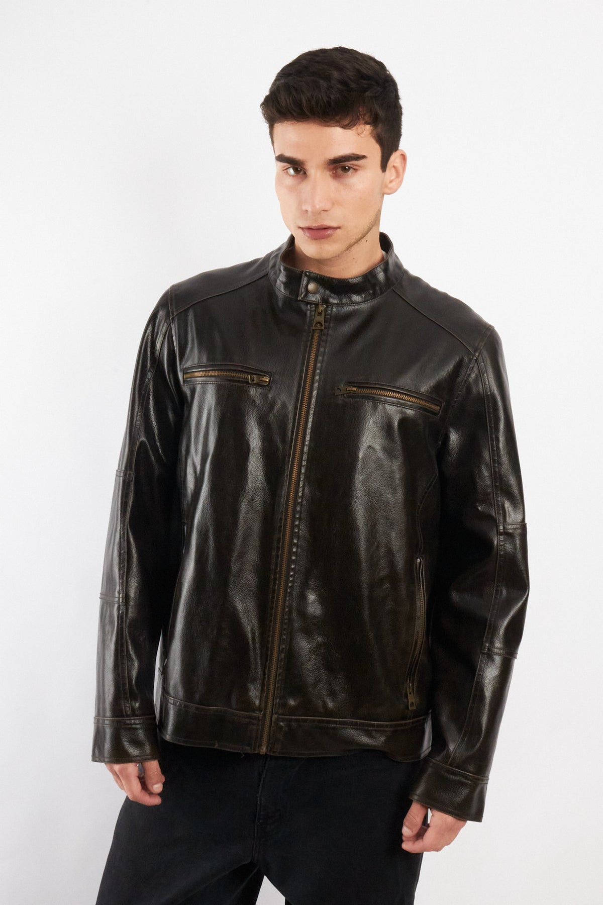 2000 Vintage Guess Brown Distressed Vegan Leather Racer Jacket (M/L)