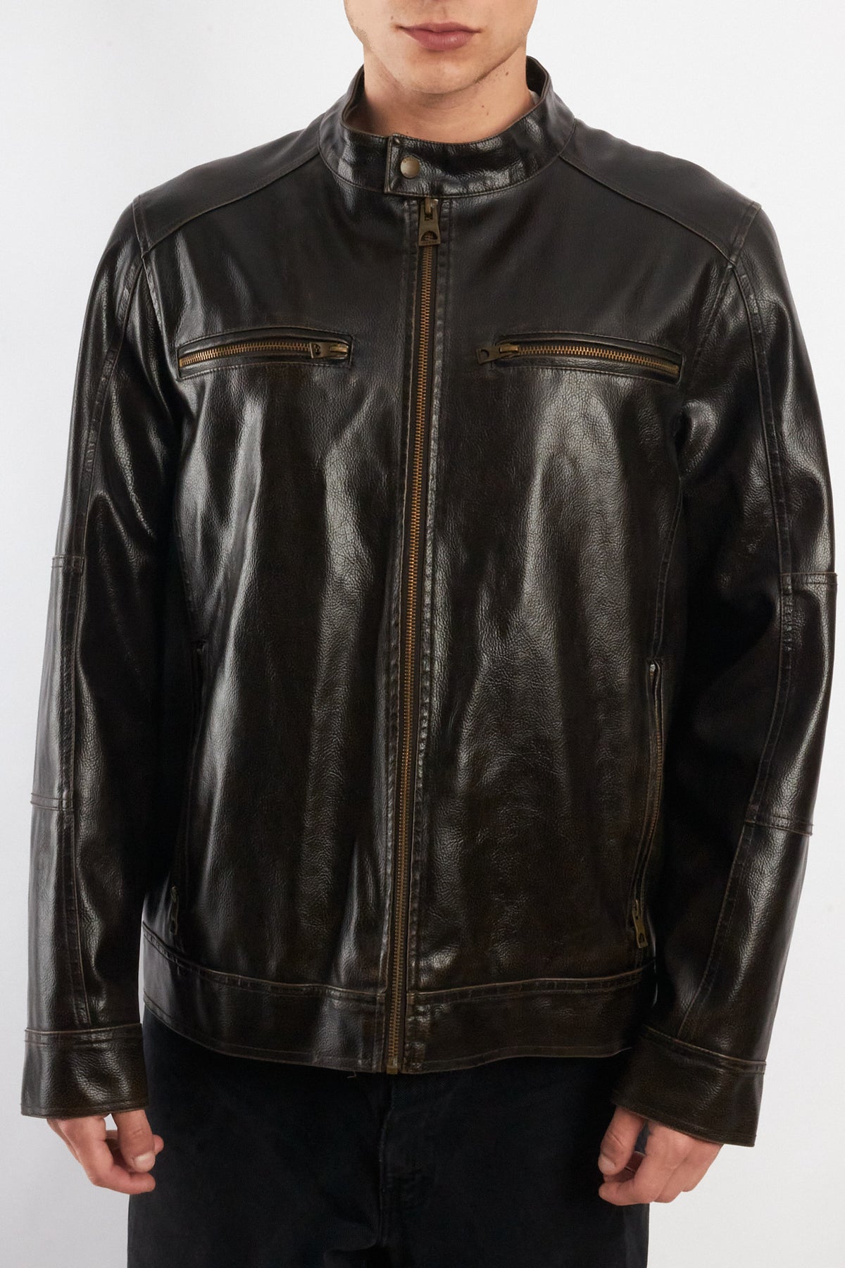2000 Vintage Guess Brown Distressed Vegan Leather Racer Jacket (M/L)