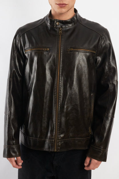 2000 Vintage Guess Brown Distressed Vegan Leather Racer Jacket (M/L)