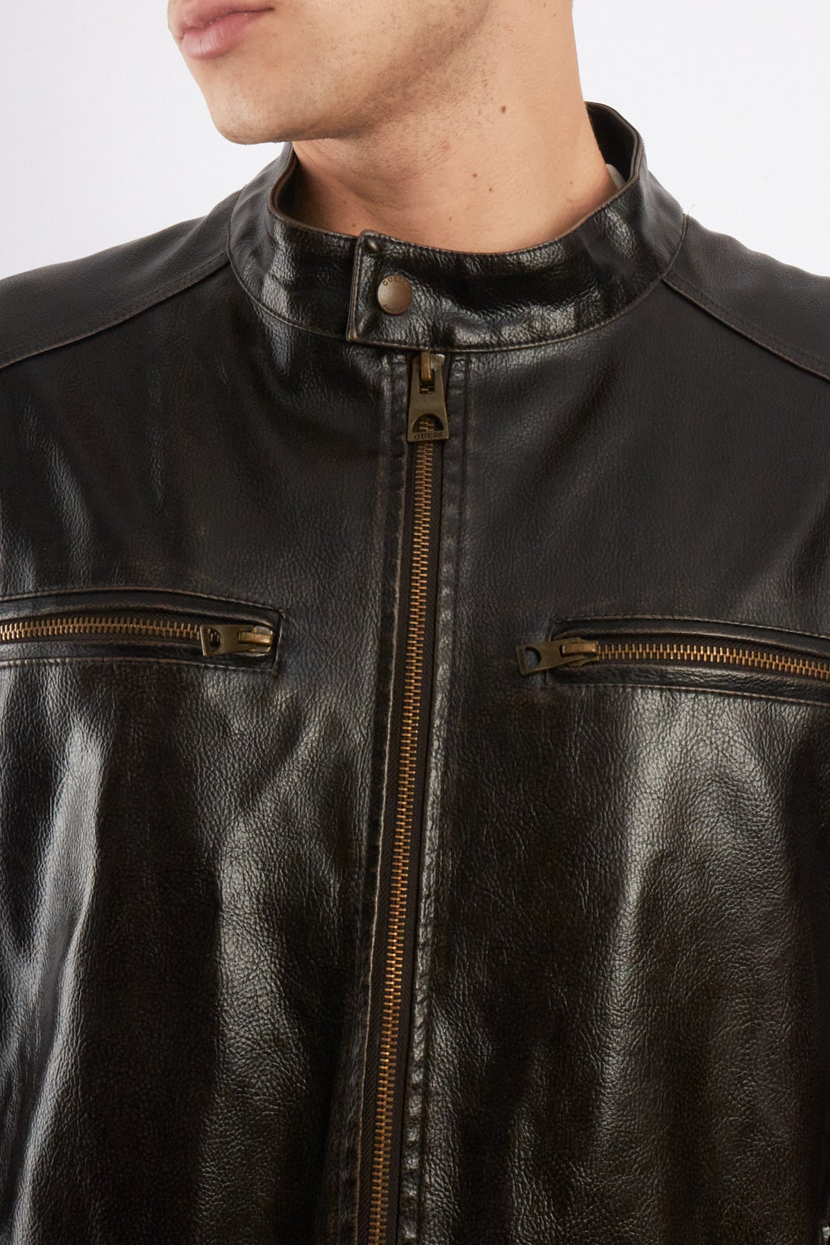 2000 Vintage Guess Brown Distressed Vegan Leather Racer Jacket (M/L)
