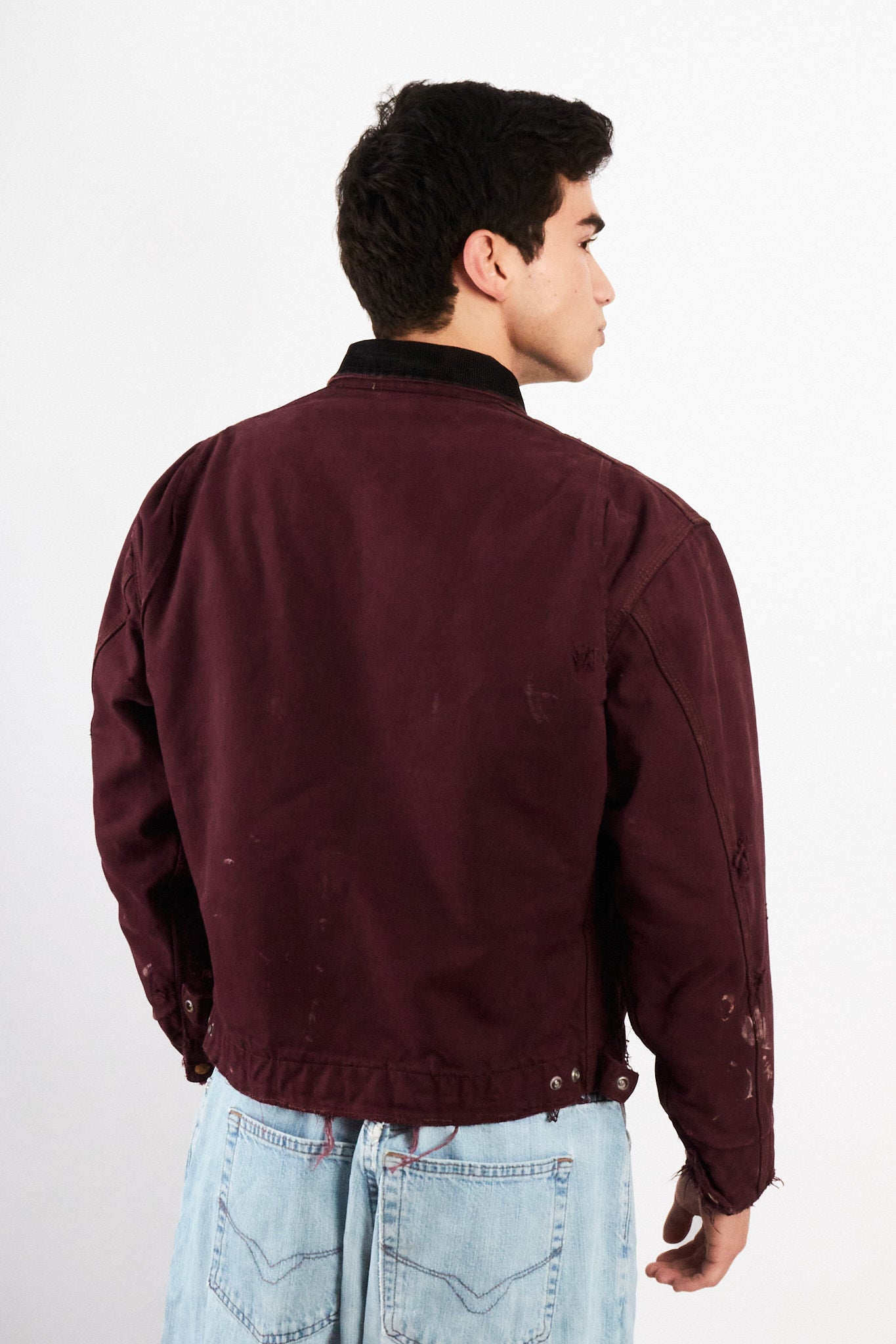 1990 Vintage Carhartt Burgundy Painted Distressed Detroit Jacket (M)