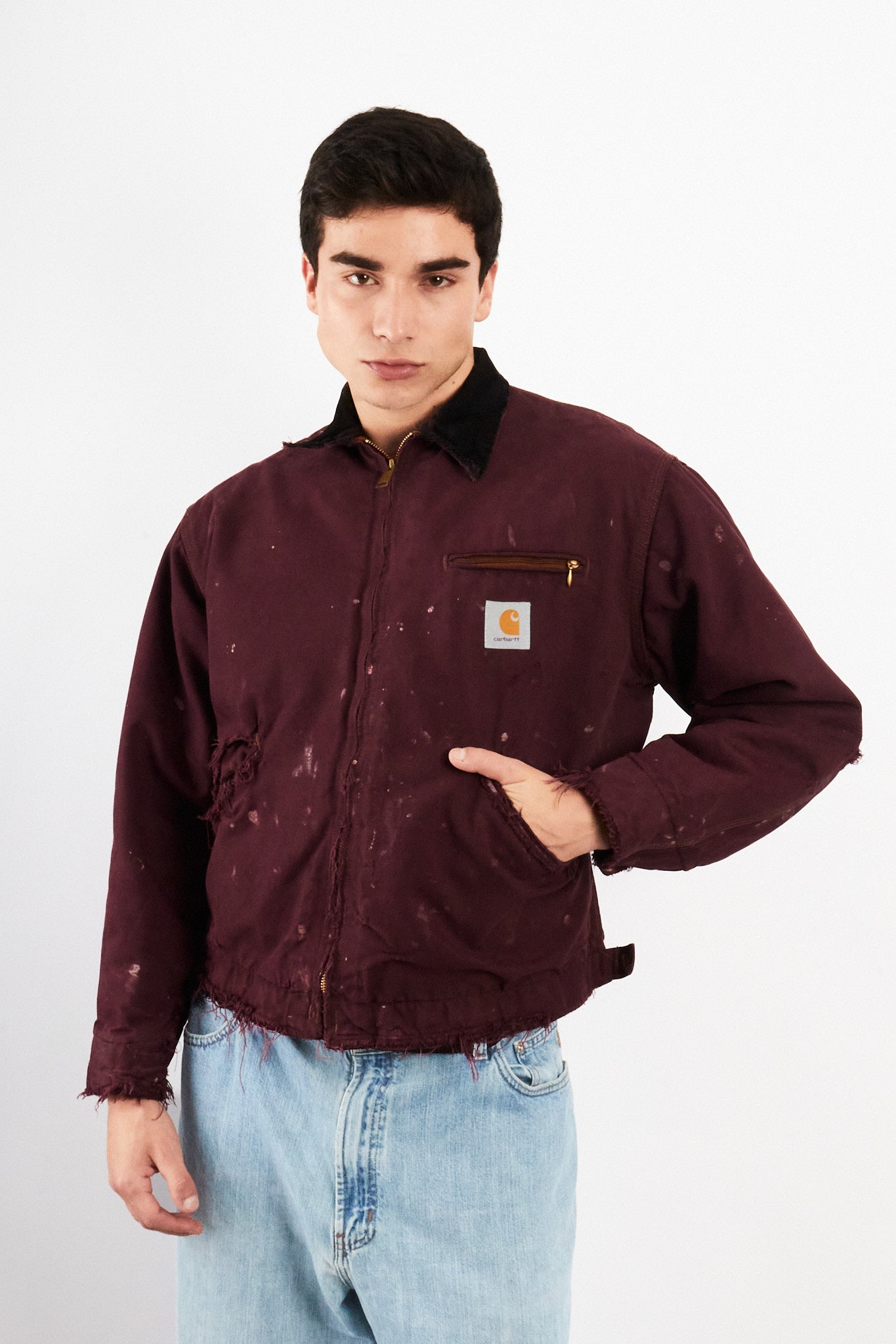 1990 Vintage Carhartt Burgundy Painted Distressed Detroit Jacket (M)