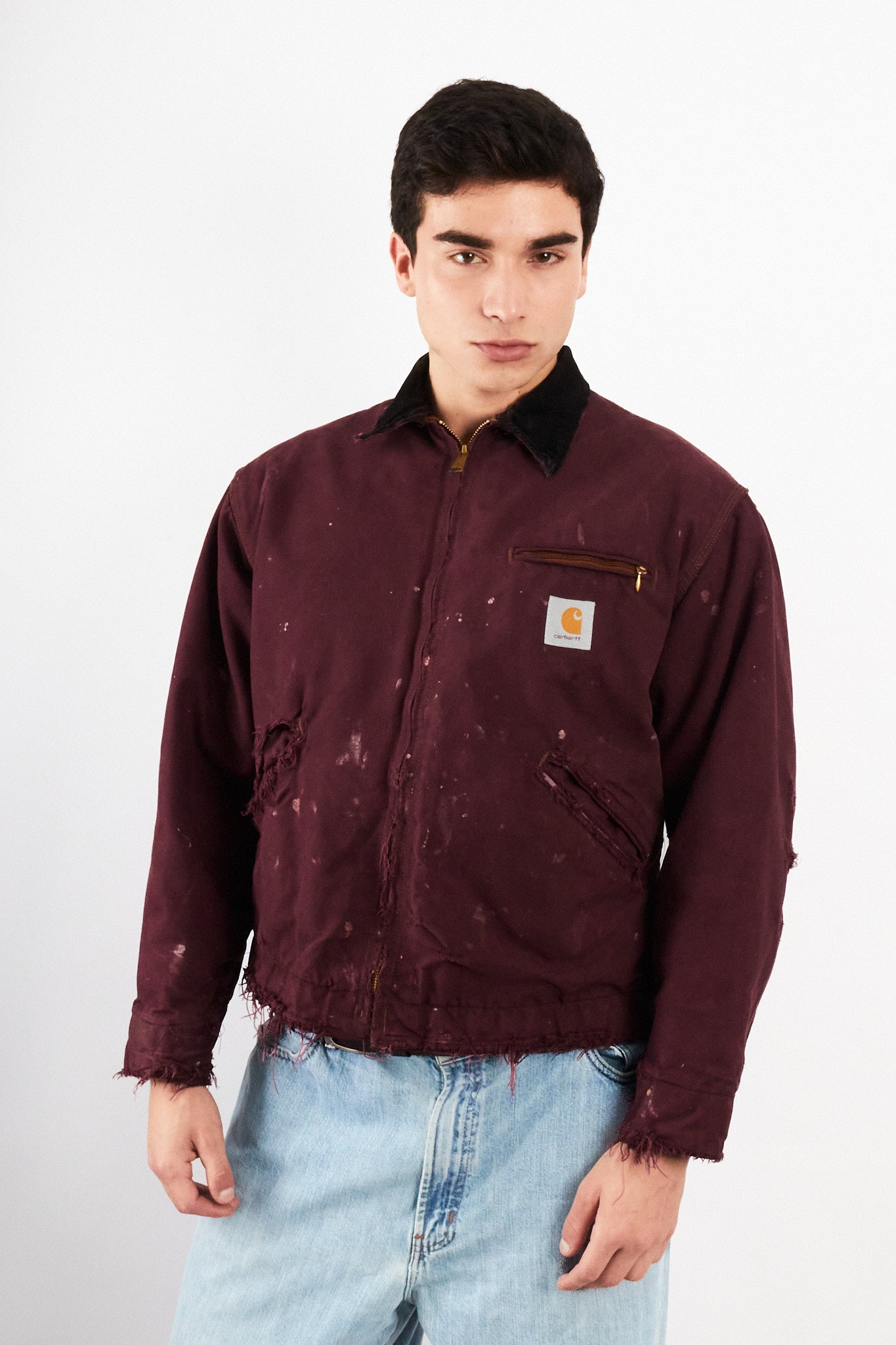 1990 Vintage Carhartt Burgundy Painted Distressed Detroit Jacket (M)