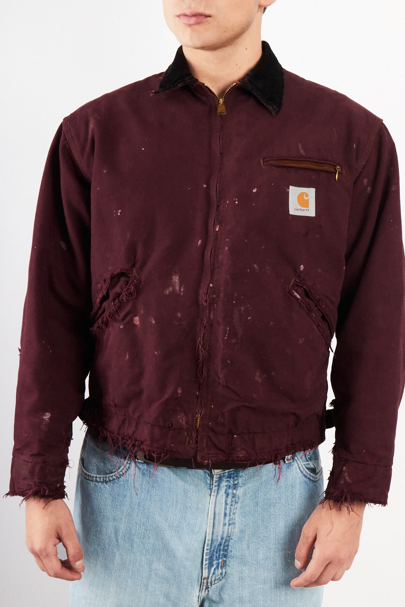 1990 Vintage Carhartt Burgundy Painted Distressed Detroit Jacket (M)