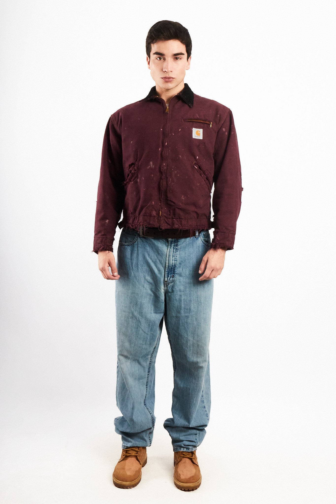 1990 Vintage Carhartt Burgundy Painted Distressed Detroit Jacket (M)