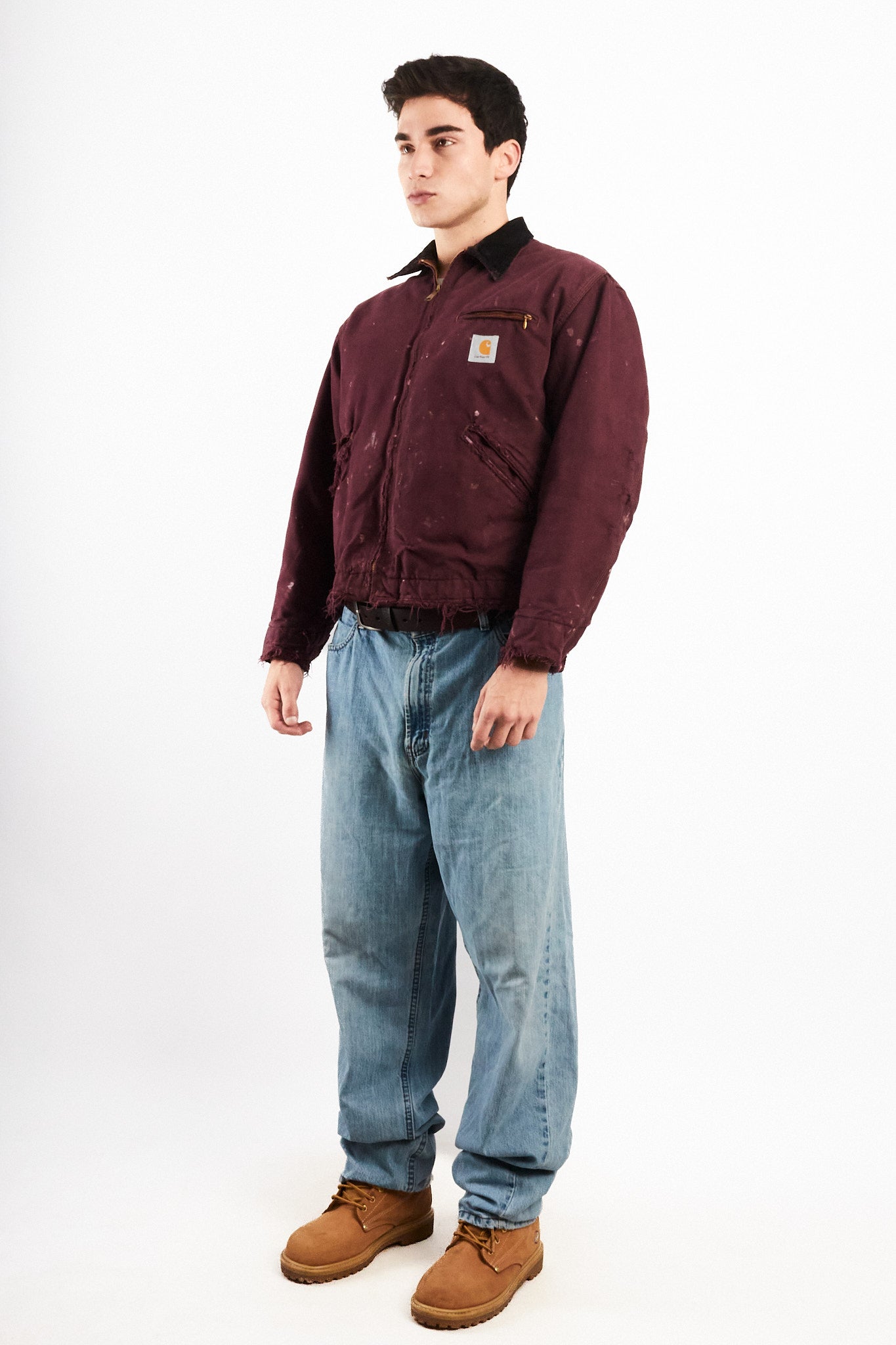 1990 Vintage Carhartt Burgundy Painted Distressed Detroit Jacket (M)