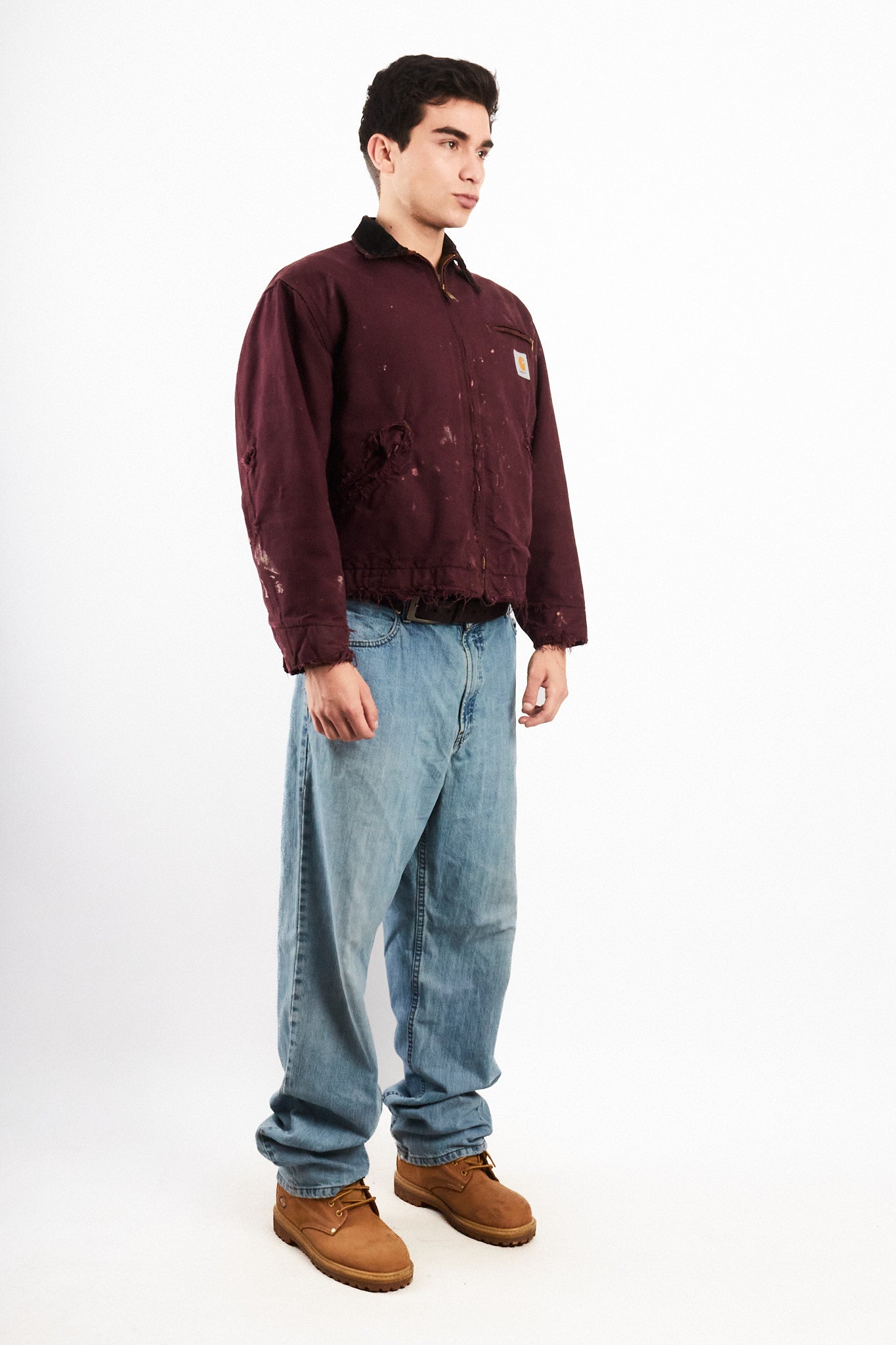 1990 Vintage Carhartt Burgundy Painted Distressed Detroit Jacket (M)