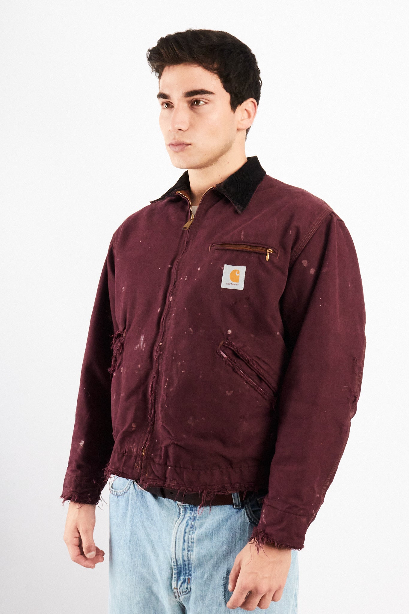 1990 Vintage Carhartt Burgundy Painted Distressed Detroit Jacket (M)