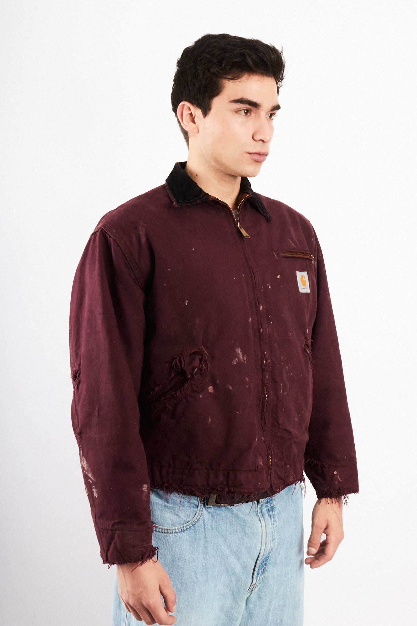 1990 Vintage Carhartt Burgundy Painted Distressed Detroit Jacket (M)