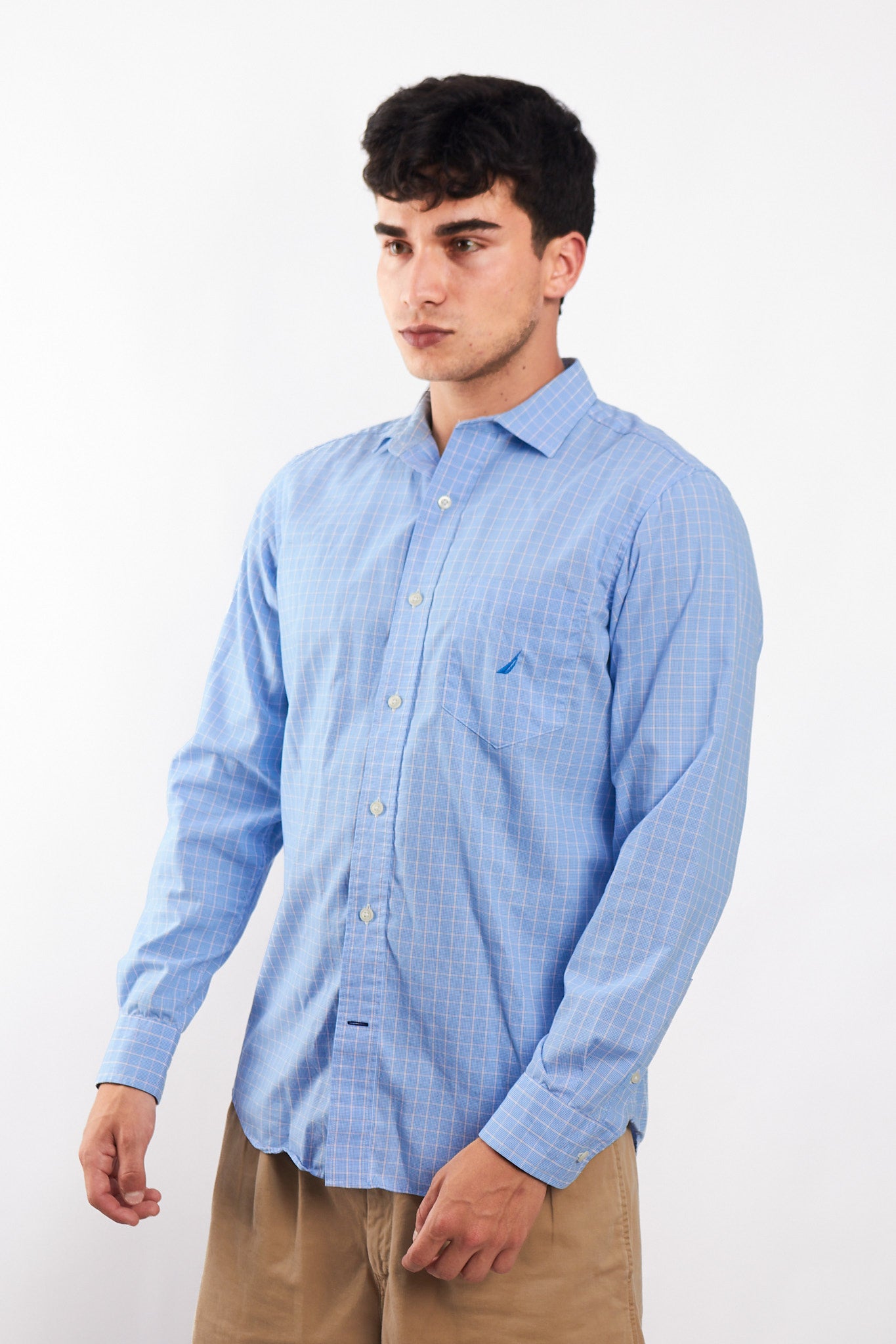 2000 Nautica Sky Blue Plaid Shirt (M/L)