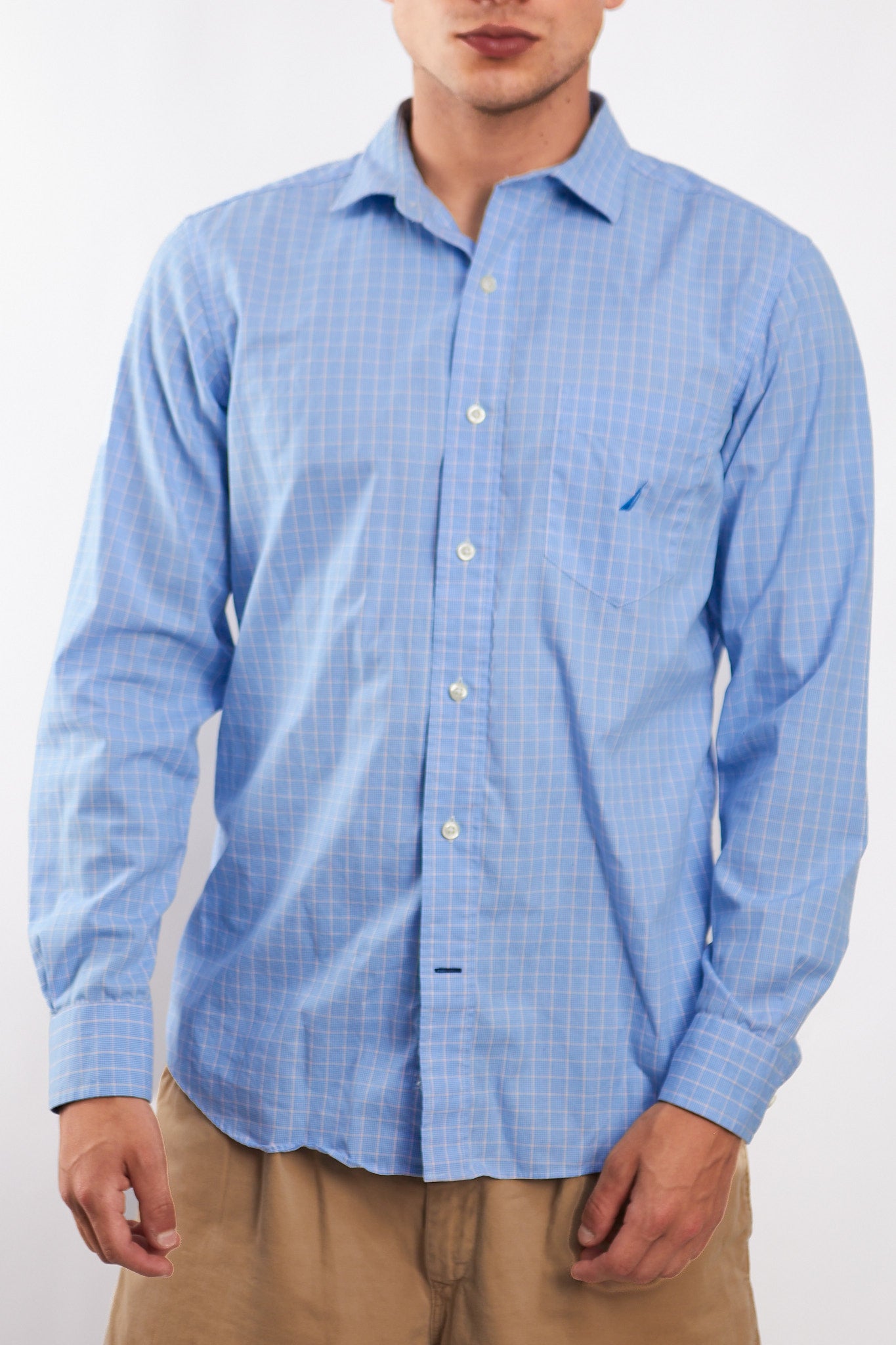 2000 Nautica Sky Blue Plaid Shirt (M/L)