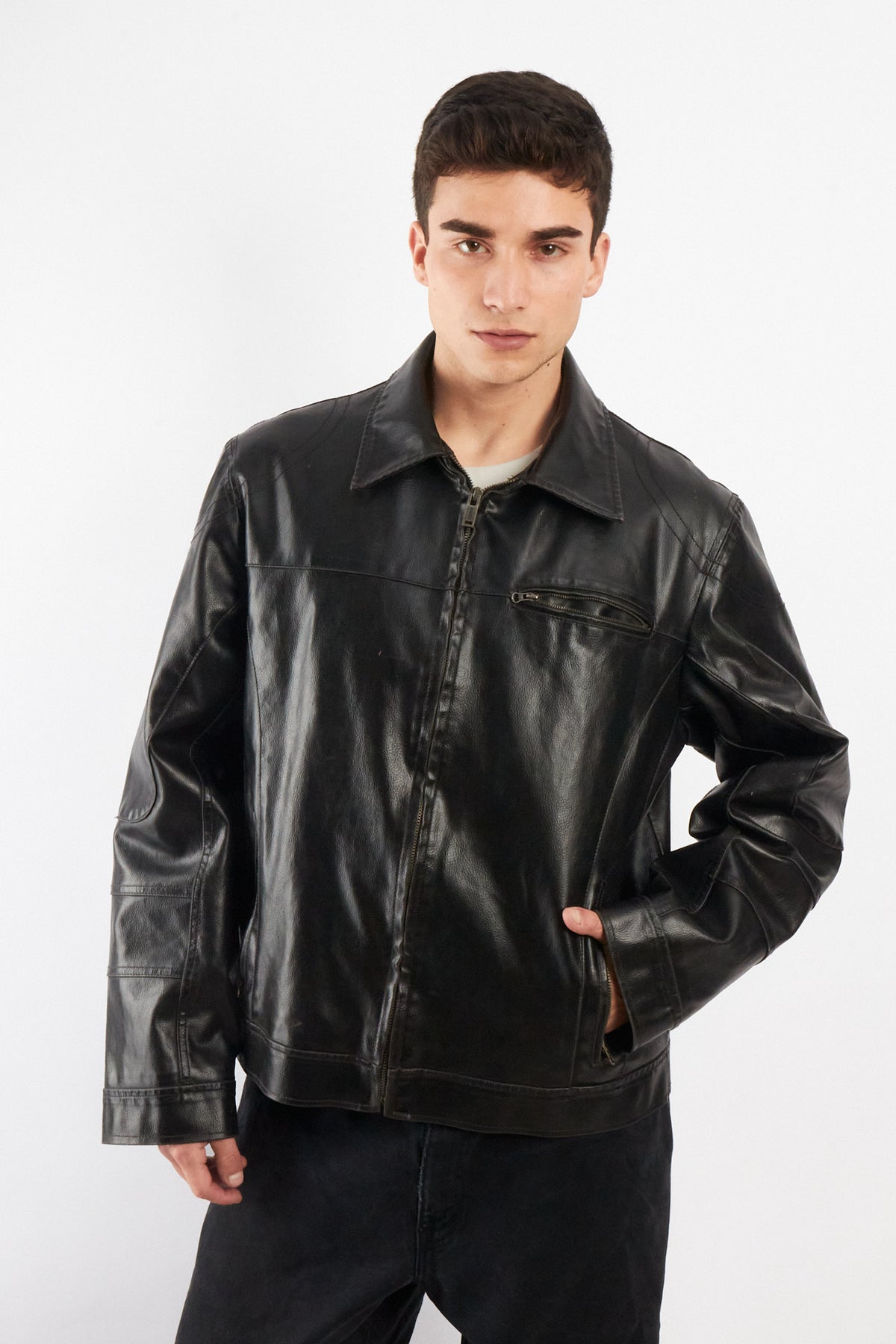 2000 Vintage Guess Vegan Leather Type Harrington Jacket (L/XL)
