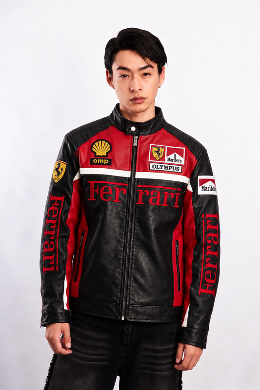 F1 Scuderia Ferrari Schumacher Vegan Leather Spellout Racing Jacket
