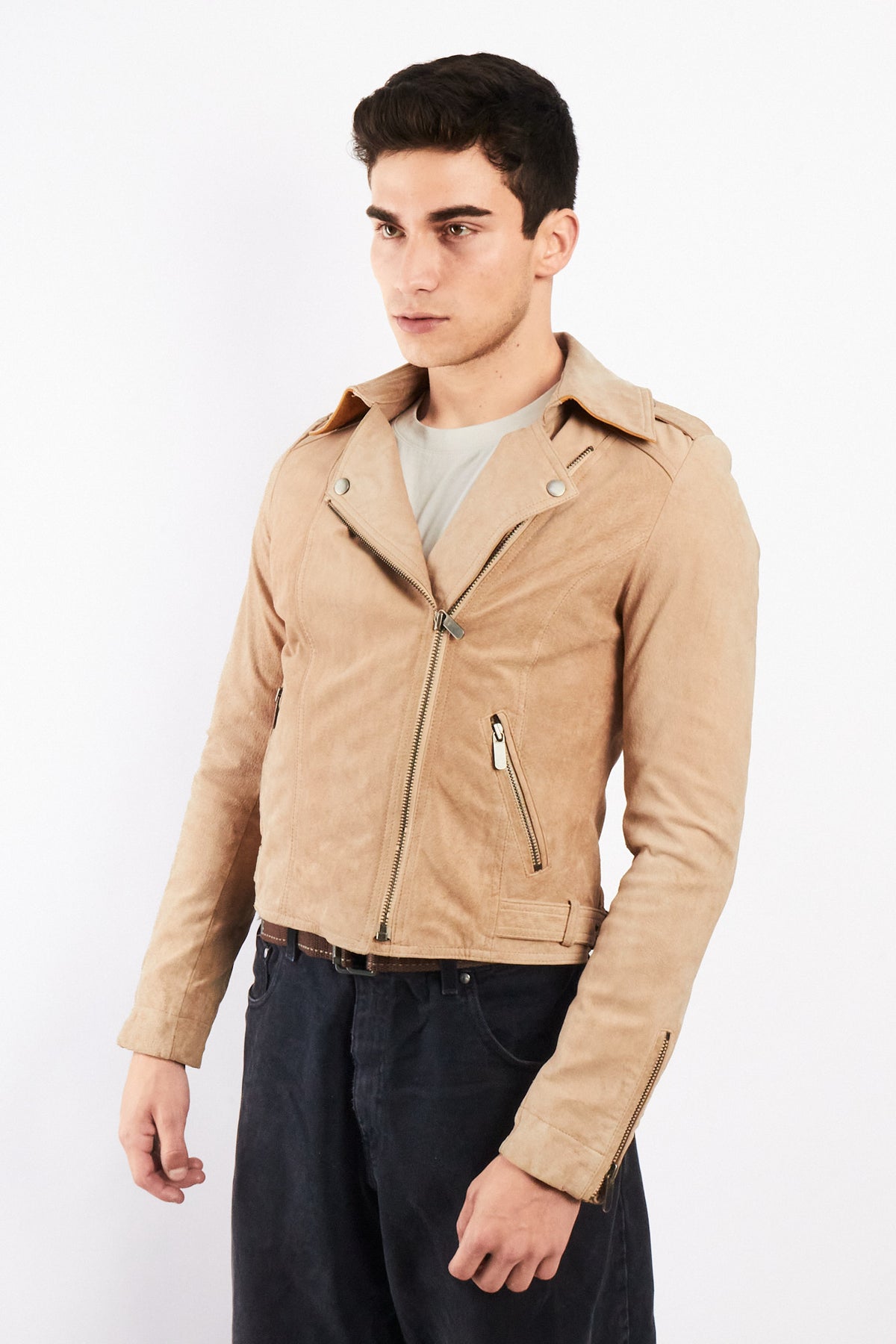 2000 Vintage Tommy Hilfiger Beige Suede Boxy Biker Jacket (S)