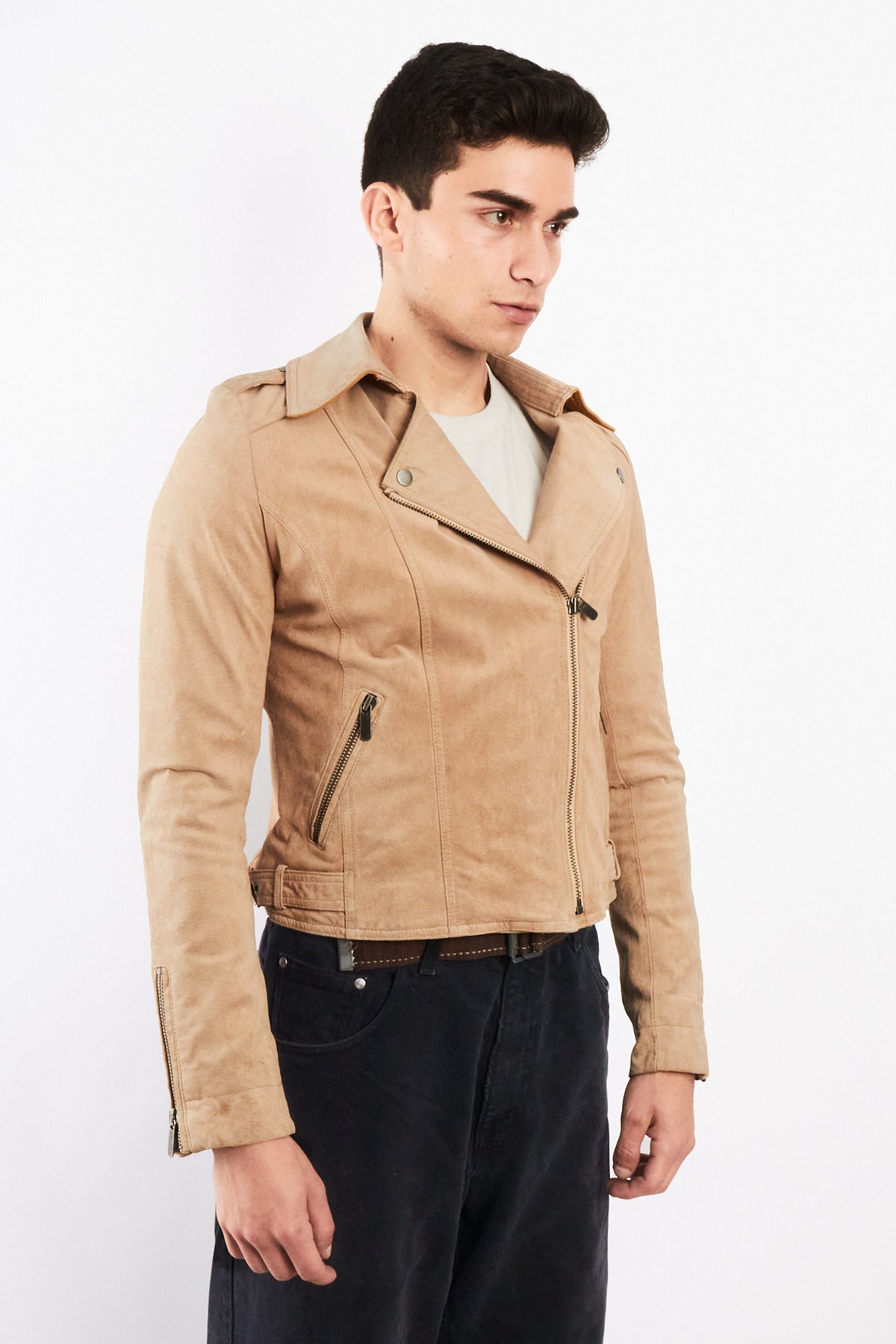 2000 Vintage Tommy Hilfiger Beige Suede Boxy Biker Jacket (S)
