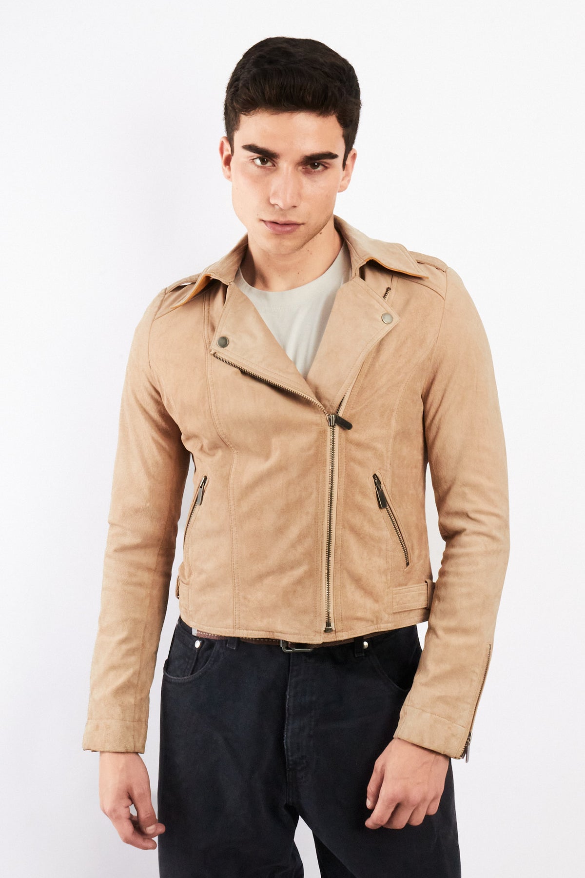 2000 Vintage Tommy Hilfiger Beige Suede Boxy Biker Jacket (S)