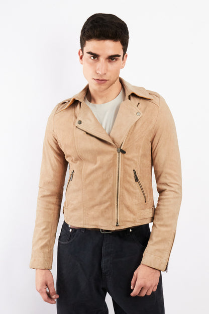 2000 Vintage Tommy Hilfiger Beige Suede Boxy Biker Jacket (S)