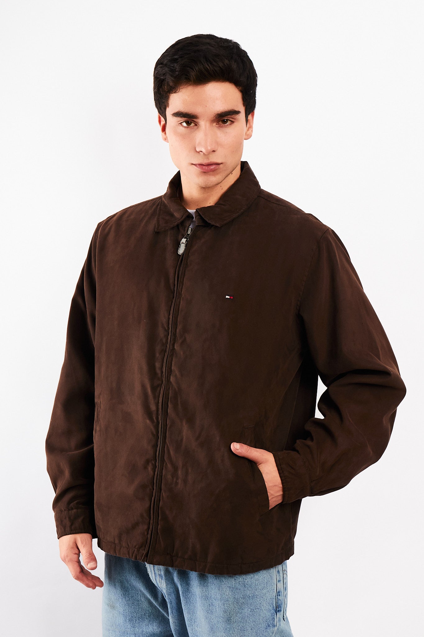 2000 Vintage Tommy Hilfiger Coffee Peachskin Harrington (L)