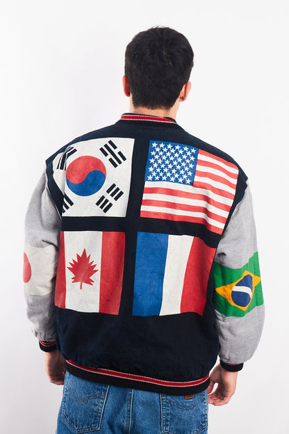 1990 Vintage All Flags Cotton Varsity Jacket (L)