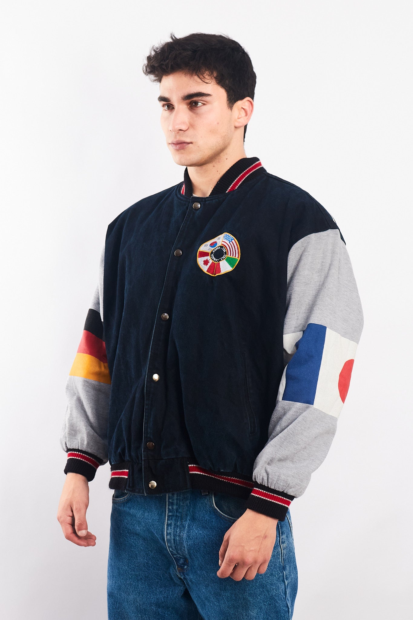 1990 Vintage All Flags Cotton Varsity Jacket (L)