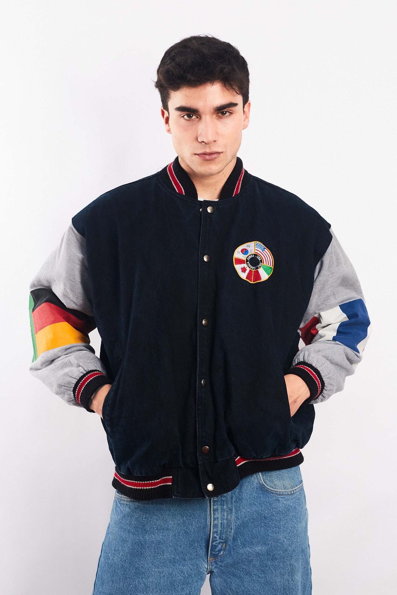 1990 Vintage All Flags Cotton Varsity Jacket (L)